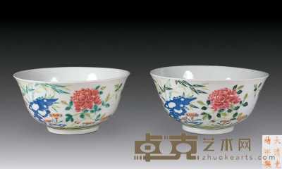 清光绪 料彩花卉纹碗（一对） 16.5×8cm